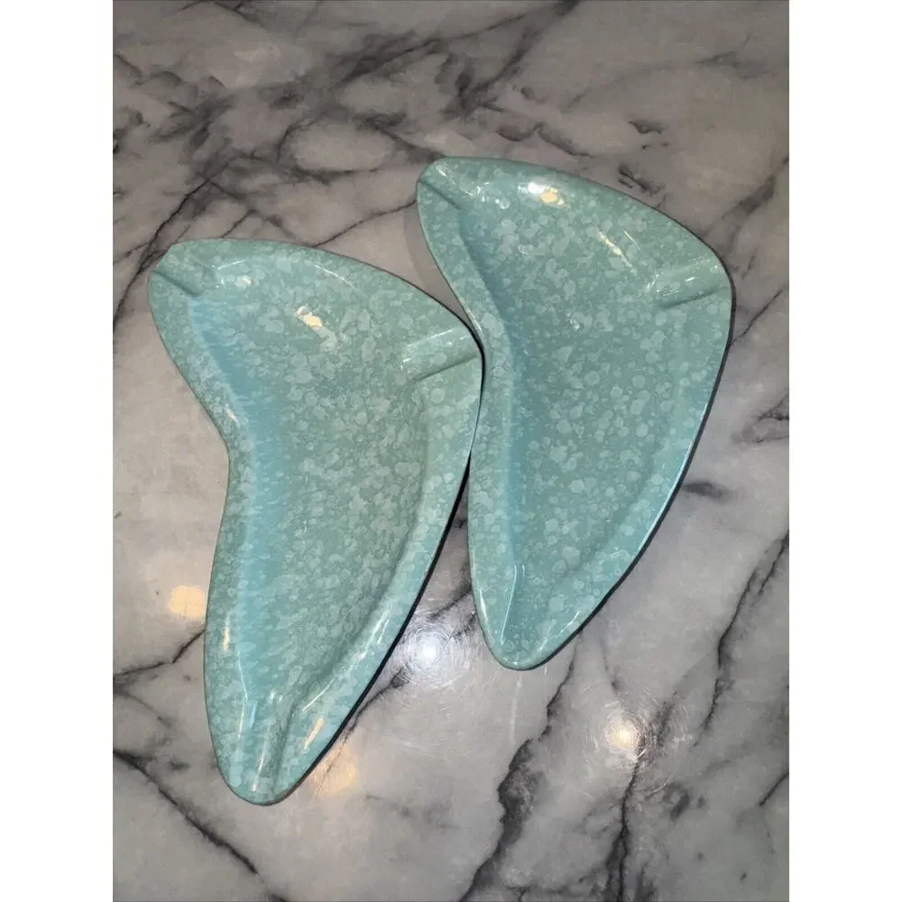 2‎ Vintage 1950's Shawnee Pottery Ashtray Stardust Turquoise Handmade Art Deco